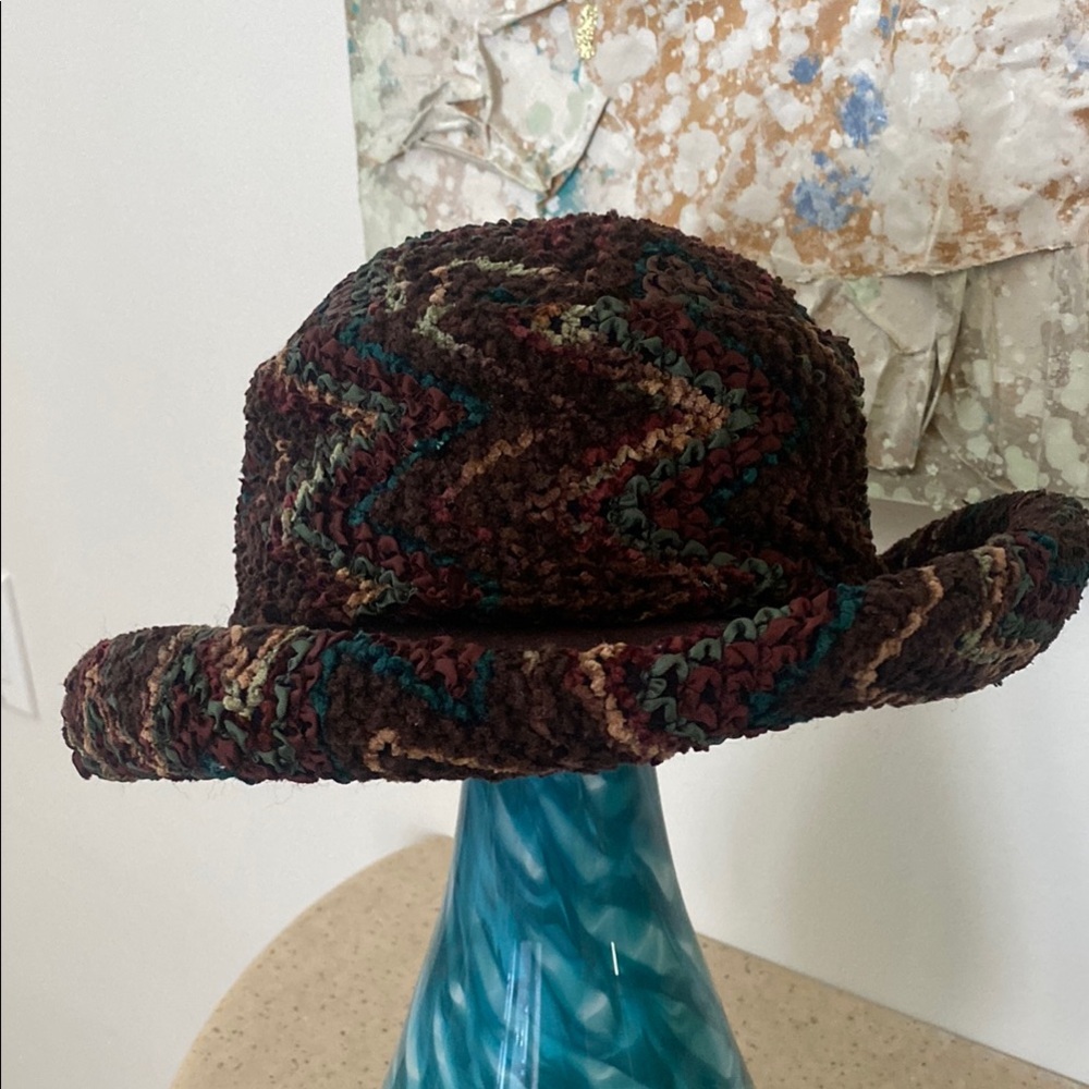 KOKIN Vintage Brown Wool Wide-Brimmed Hat with multicolored Textured Fabric